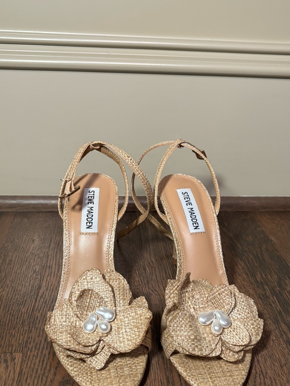 Steve Madden Tan Woven Floral Slingback Heels with Pearl Accents